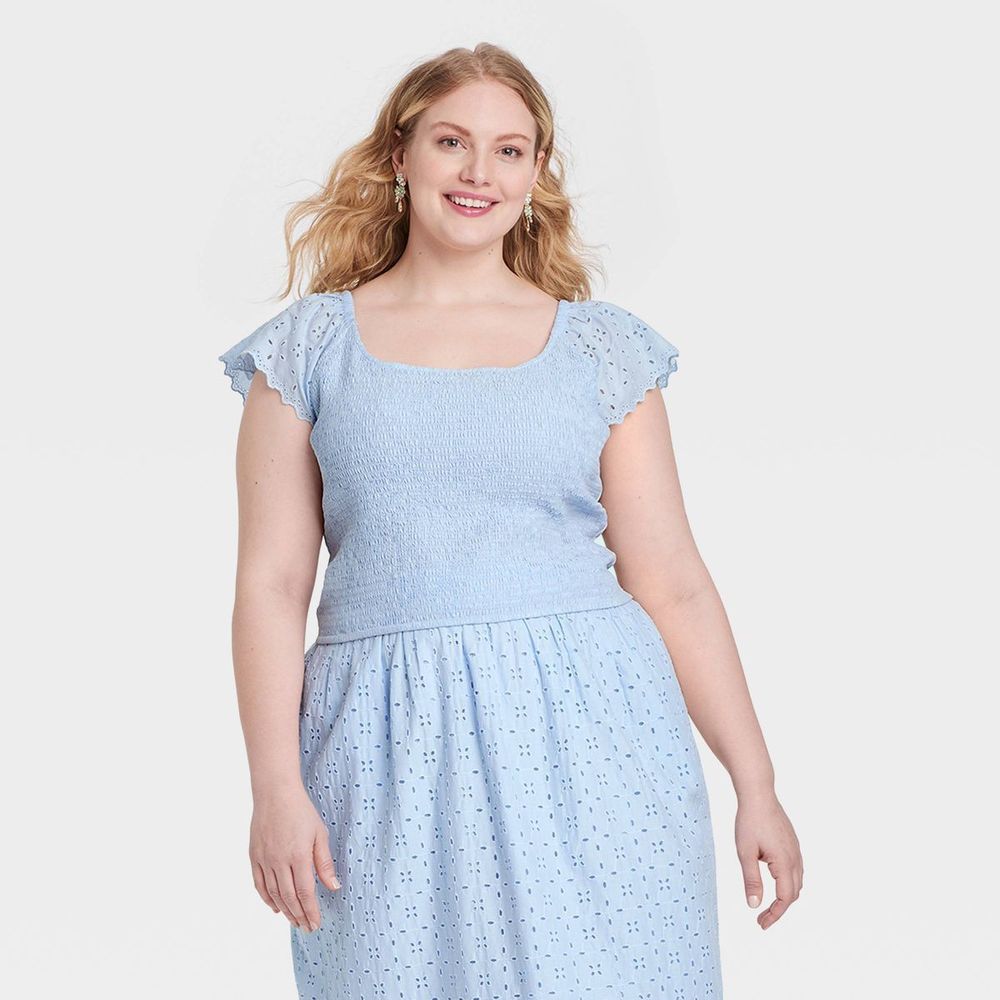 UNIVERSAL THREAD Smocked Eyelet Crop Top - Blue, NWT